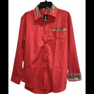 Jinidu Men's Medium Red Button Front Shirt with Plaid Accents New